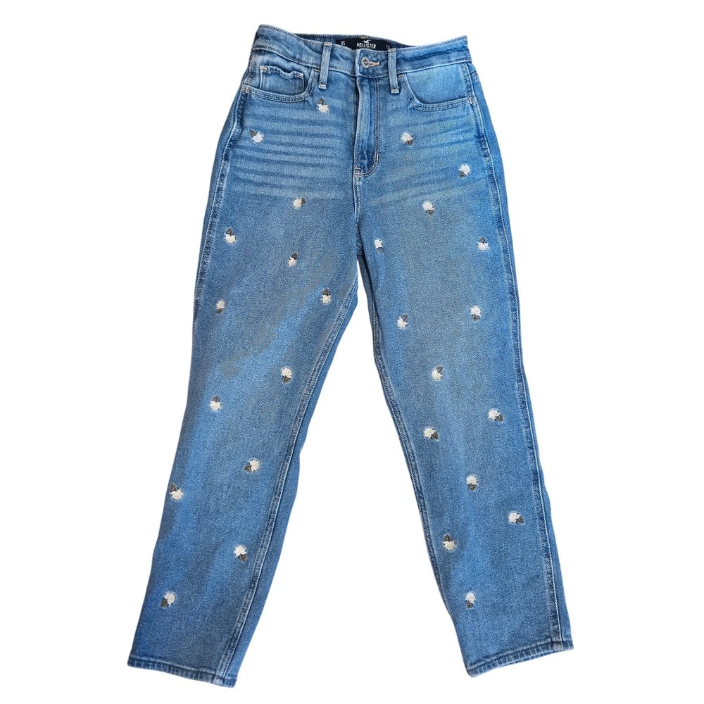 Hollister Ultra High-Rise Mom Jeans Blue Floral Embroidered 0S W24 L25 Stretch